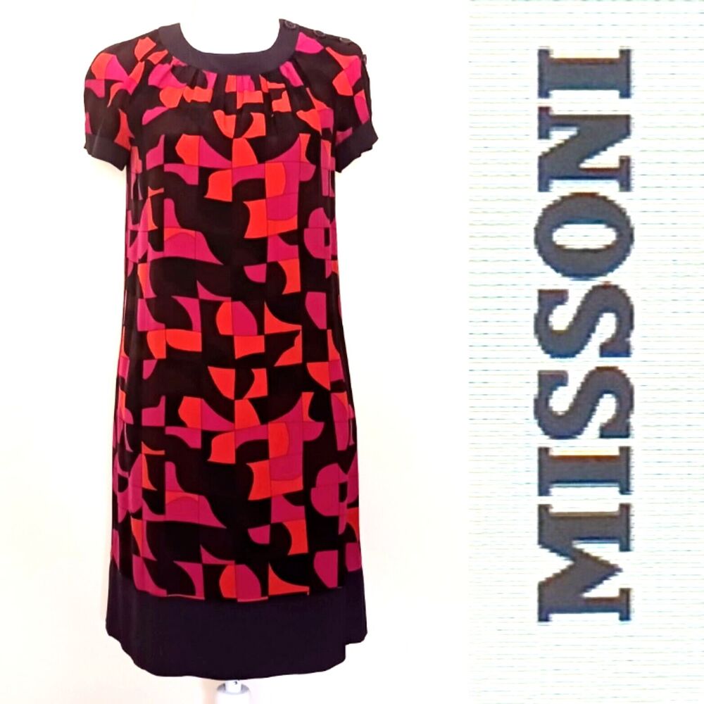 Missoni Silk Sheath Dress Geometric Black Pink Orange Made in Italy Sz S